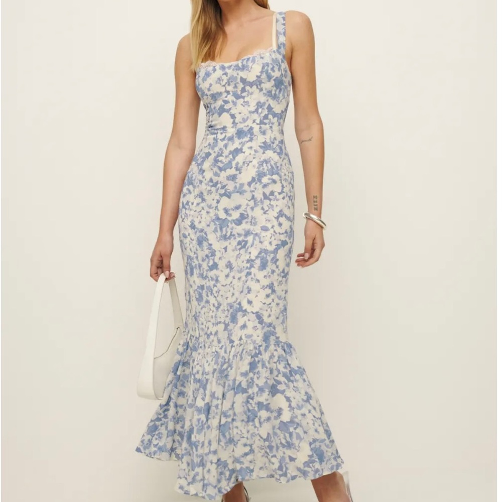Reformation Irisa Dress larkspur Blue and White Floral Midi Dress